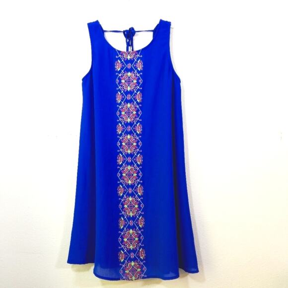 Vibrant cobalt blue embroidered mini shift dress S - Picture 1 of 7
